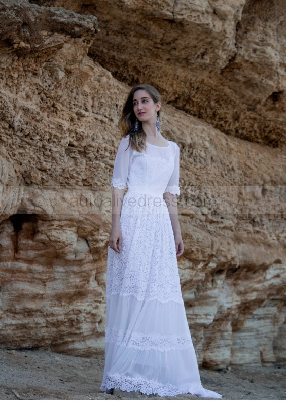 Elbow Sleeves White Lace Chiffon Boho Wedding Dress